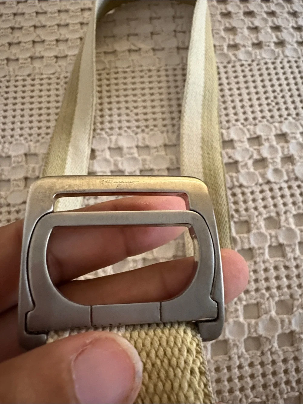 Salvatore Ferragamo Cream and Light Green Webbing Belt with Silver Buckle